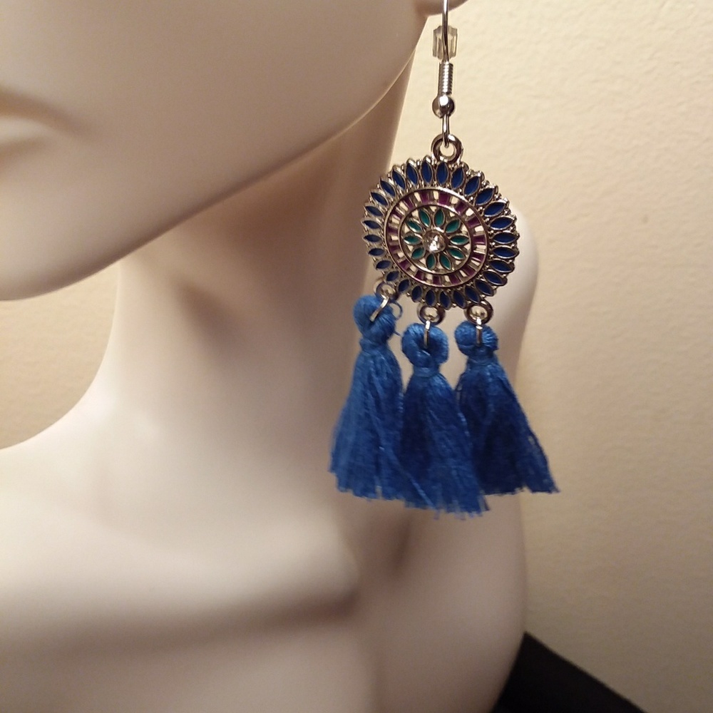 SOLD Blue Sunflower Fringe Drop Earrings - Picture 1 of 3